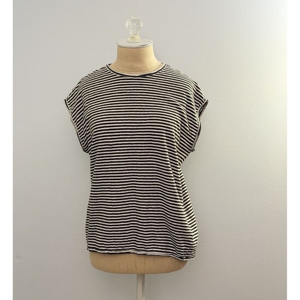 ME+EM Striped Washed Muscle Tee Cotton Hemp Brown Cream Chic Basic Size US 8